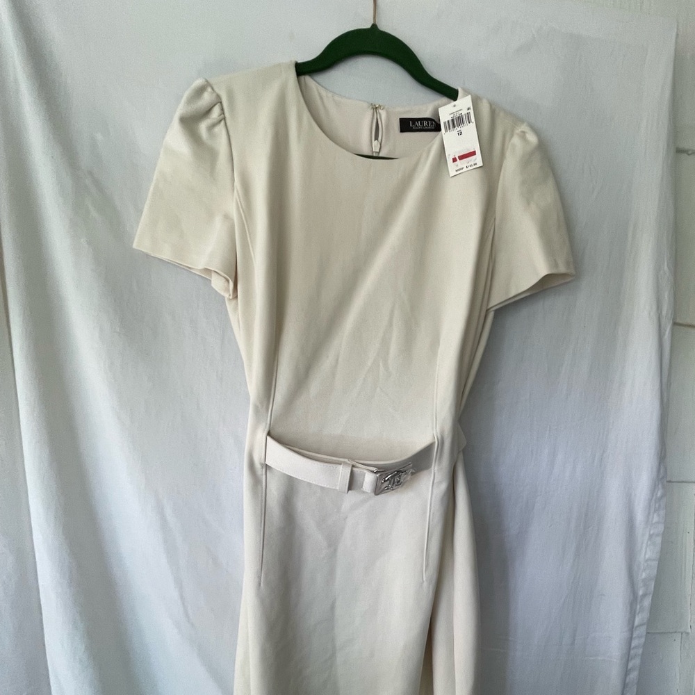 NWT Lauren Ralph Lauren Belted Winter Cream Dress Size 12 Retail $145.00